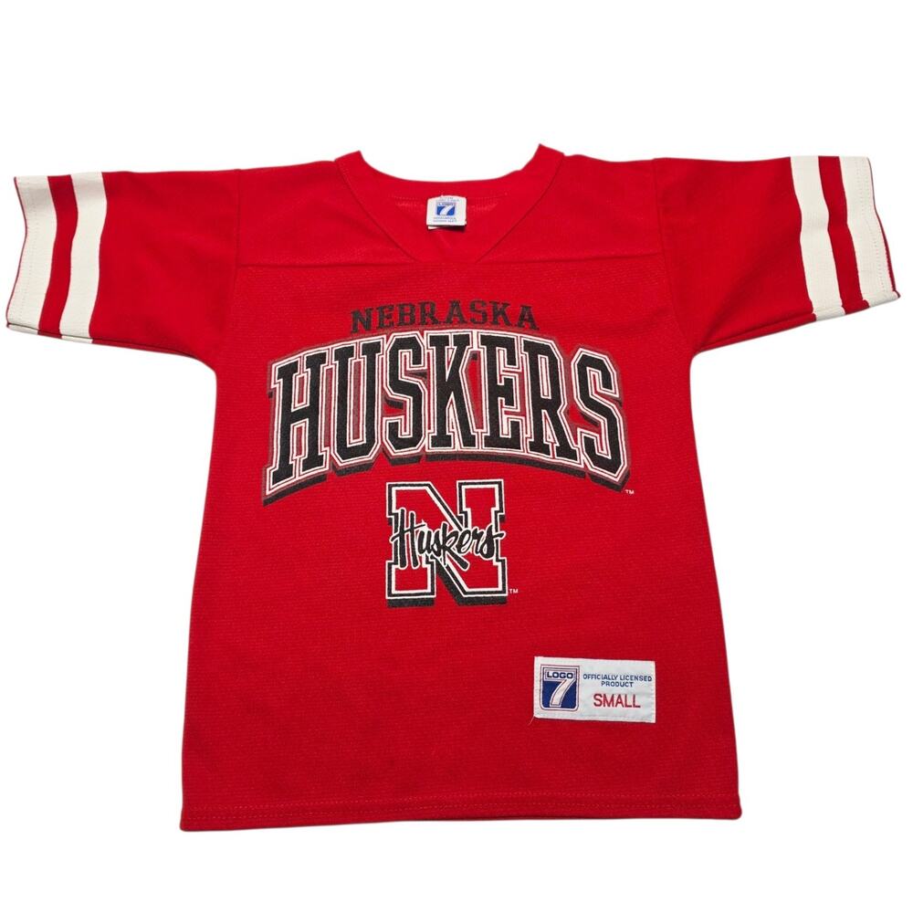 Vintage Nebraska Huskers Logo 7 Jersey Shirt Youth Size Small Made USA Red NCAA